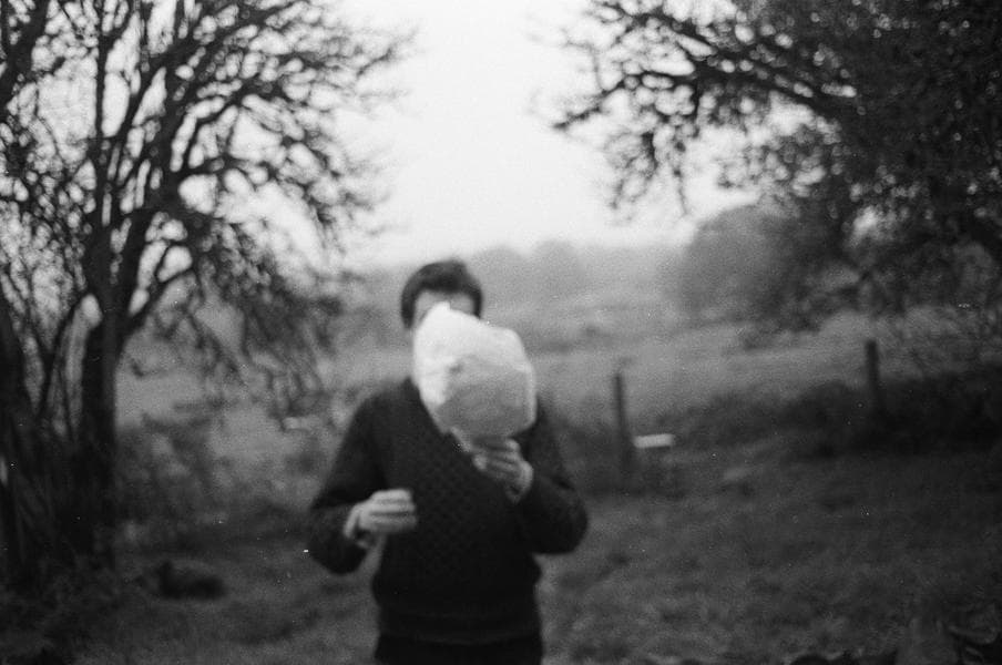 A person holding a large bag stands in a blurry outdoor scene with trees and a field.