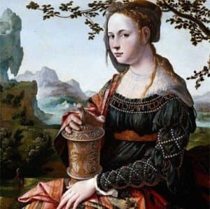 A woman in a Renaissance-style dress holds a decorative container, with a landscape of trees and mountains in the background.