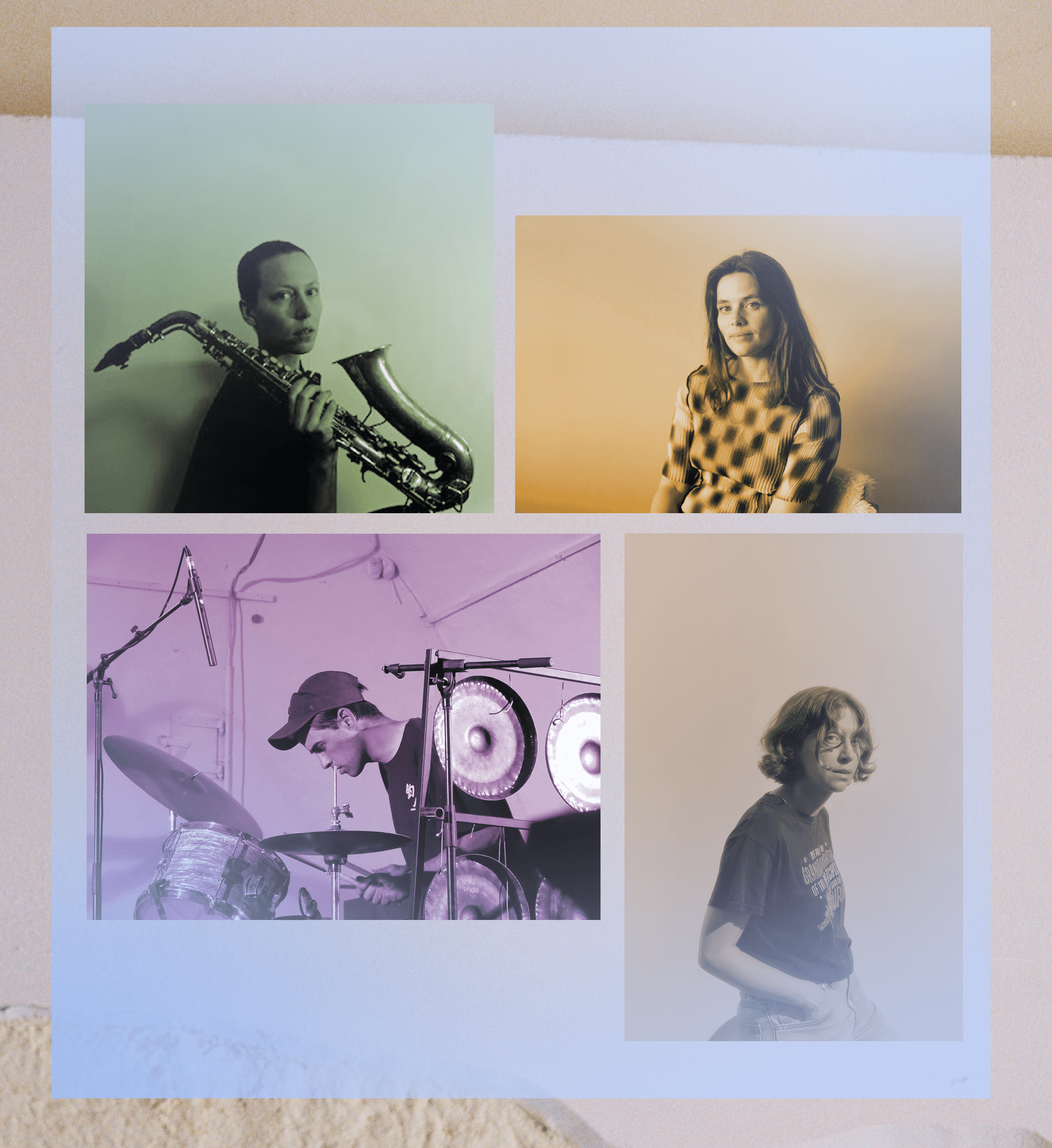 A collage of four people, each in a separate square: a saxophonist, a seated woman, a drummer, and a person standing with hands in pockets.