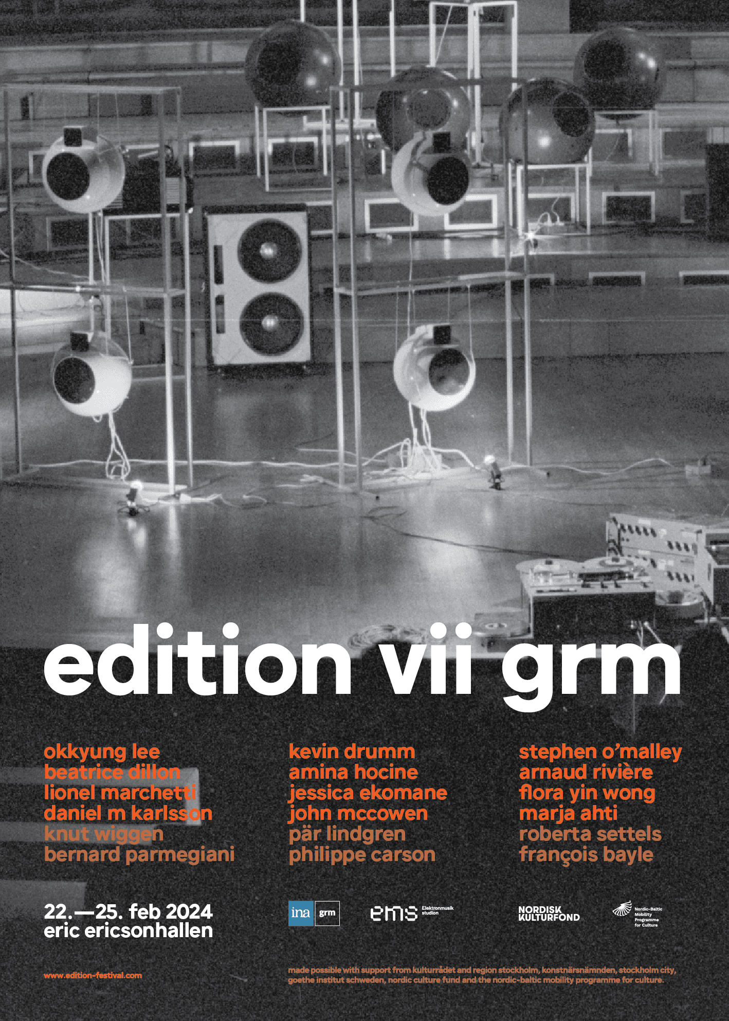 A poster for "edition vii grm" featuring a sound system setup, artist names, and event details for February 22-25, 2024, at Eric Ericsonhallen.