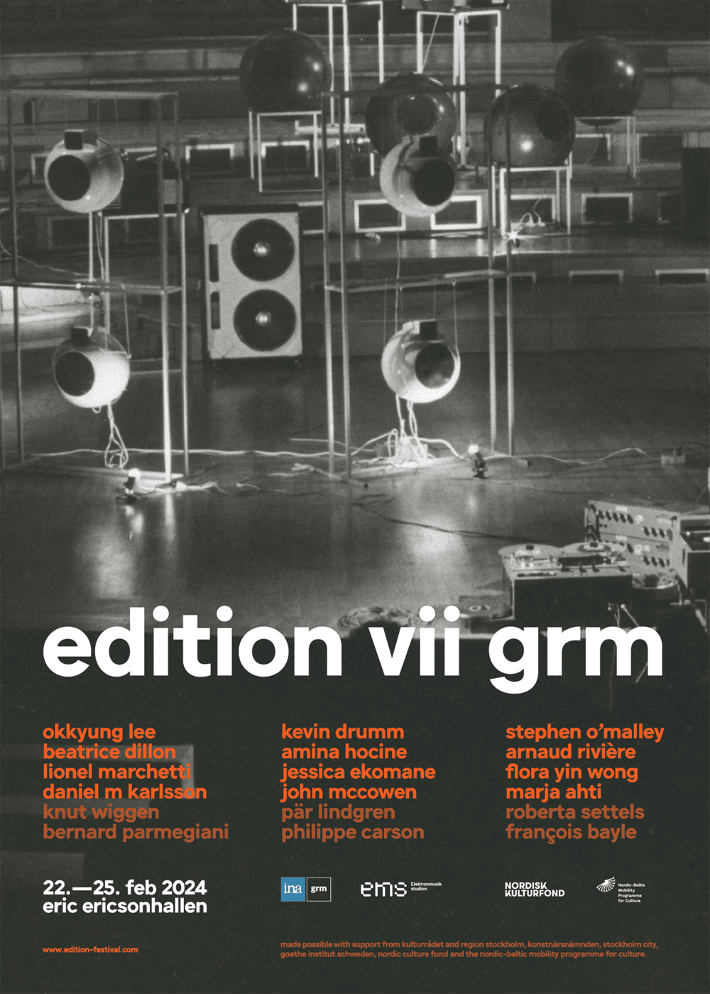 A promotional poster for "Edition VII GRM" at Eric Ericsonhallen from February 22-25, 2024, featuring names of artists and supporters, with an image of audio equipment in the background.